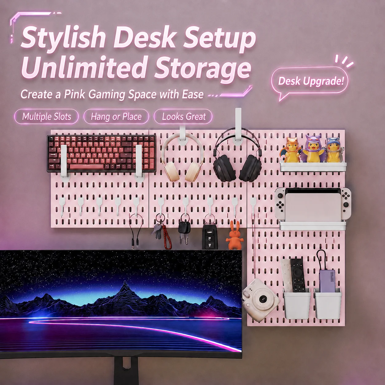 Plastic Pink No Drill Wall Pegboard Gaming Keyboard Hook Hanging Board Customization Supported