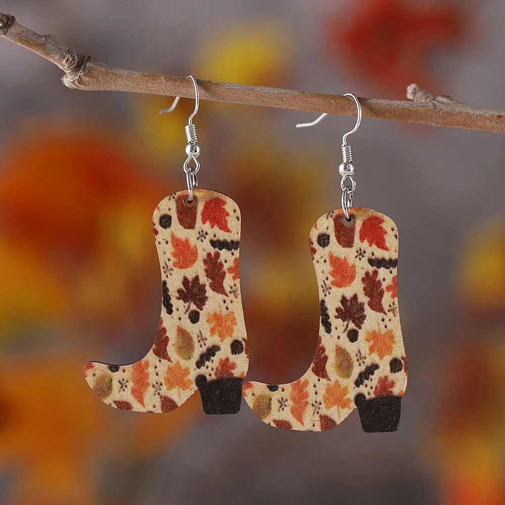 new autumn Thanksgiving maple leaf western style cowboy boots pendant earrings wooden double-sided earrings