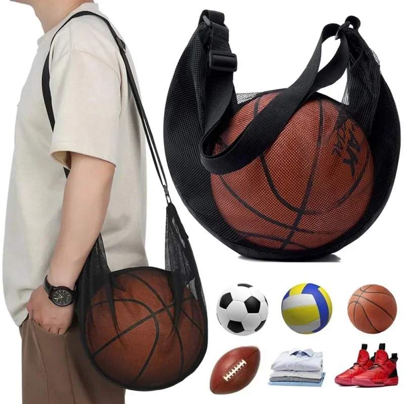 Anti-Tear Mesh Single Ball Bag Fits Size 7 Basketball Soccer Volleyball Crossbody Carrier With Adjustable Strap & Zipper
