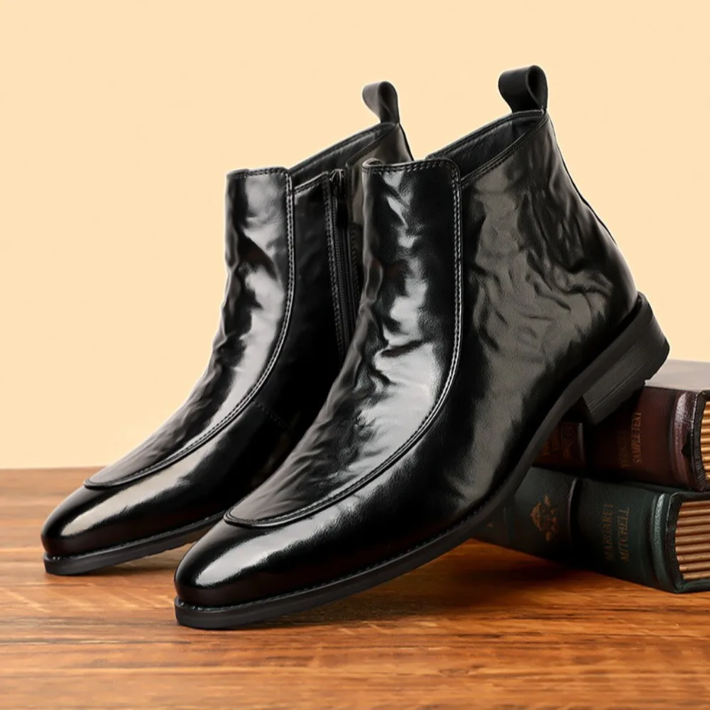 

Men's Ankle Boots Winter Retro Casual Chelsea Boots Pointed Zipper High Top Leather Boot Winter Fleece Warm Leather Shoes Men's