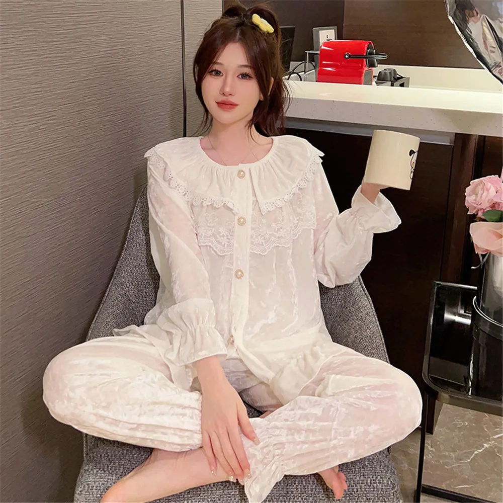 

Autumn Winter Velvet 2PCS Pajamas Set Women Velour Lace Sleepwear Trouser Suit Casual Nightwear Home Wear Pijamas