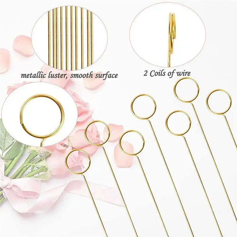 

Gold Round Floral Pick Card Holder, Ring Loop Photo Clip Stick for Picture Flower Label, Small Size for Party Wedding Decor