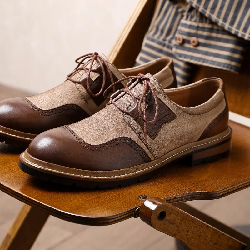 

Дизайнерские роскошные мужские туфли из натуральной кожи в винтажном стиле, повседневные кожаные туфли для бизнеса, классические дерби с элементами пэчворка, на шнуровке, для работы.