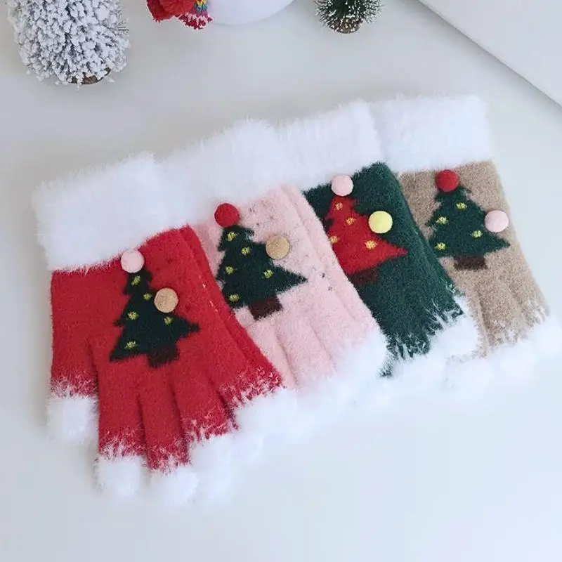 

2026 New Snowflake Christmas Tree Gloves Knit Warm Mittens Exposed Fingers Touch Screen Fluffy Fur Skiing Gloves Windproof