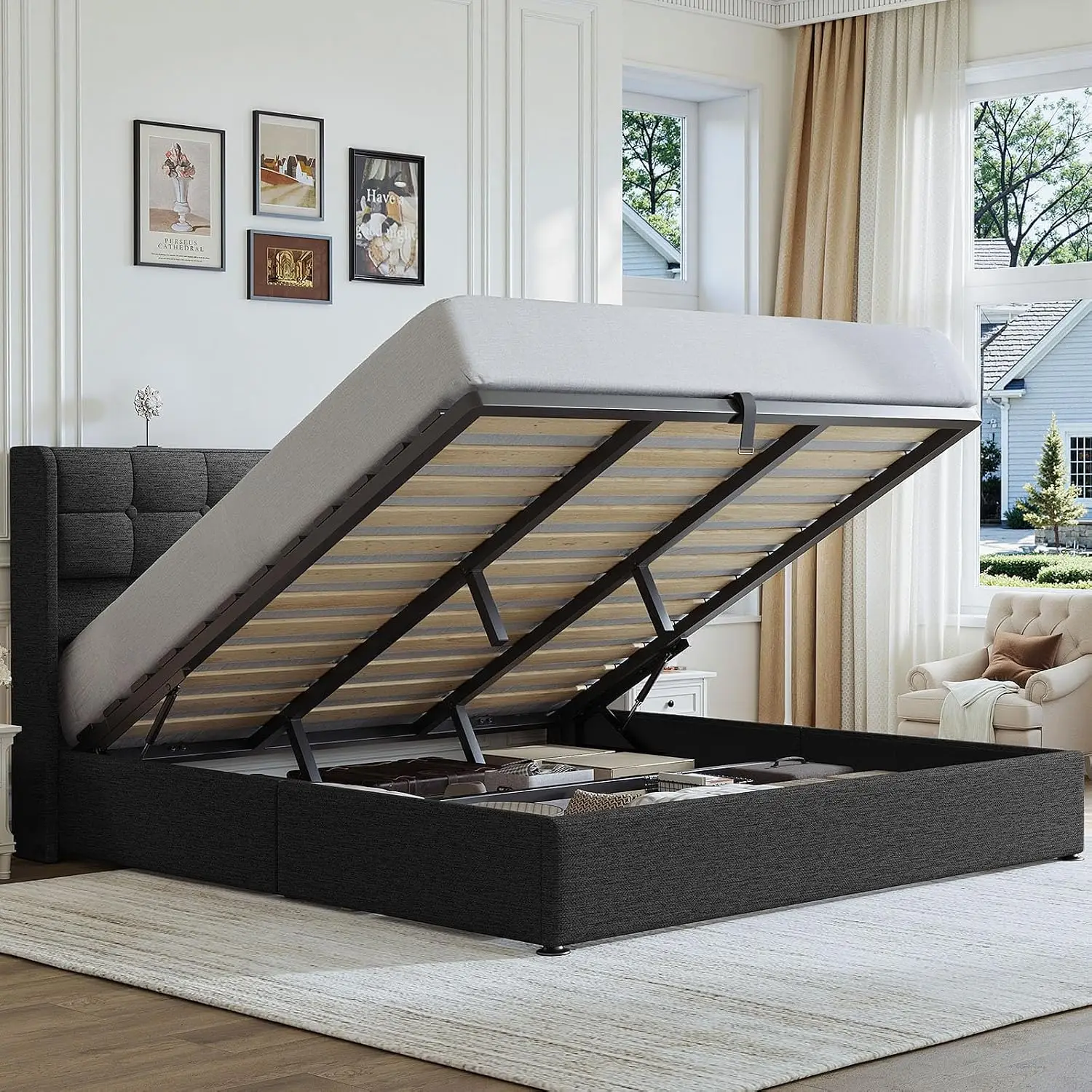 King Size Lift Up Bed Frame with Storage, Wingback Headboard | Gas Lift Storage, Wood Slats, Upholstered Wingback, Customized