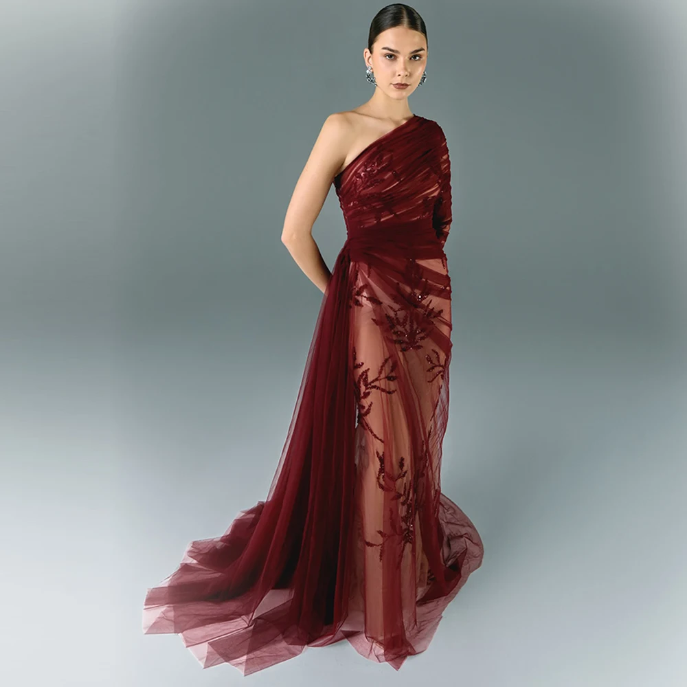

Sexy Mermaid Evening Dress Delicate One Shoulder Long Sleeves Customized Celebrity Gowns Charming Sequined Tulle Party Dresses