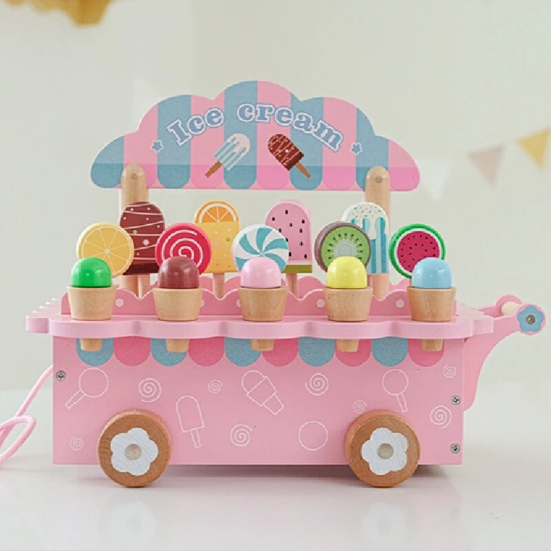 Toys For Kids Wooden Ice Cream Children'S Playhouse Puzzle Toys Baby Simulation Ice Cream Cart Toy Montessori  Girls Toys