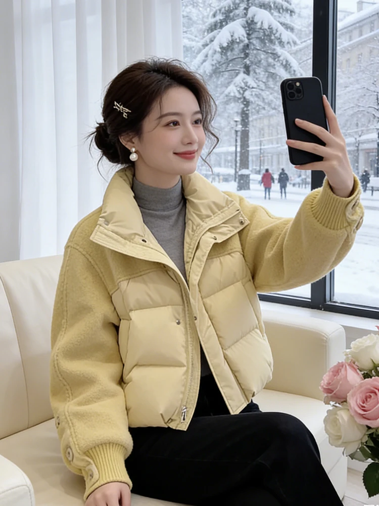 

Модная утепленная хлопковая куртка для женщин, короткая, с воротником-стойкой, зимнее пальто, однотонное, с дизайнерскими вставками, для повседневной носки
