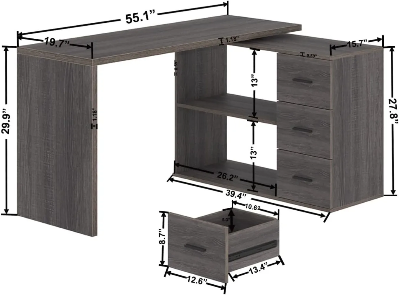 L Shaped Desk with Drawers, Shape Computer Storage Cabinet Shelves, Reversible Modern Industrial