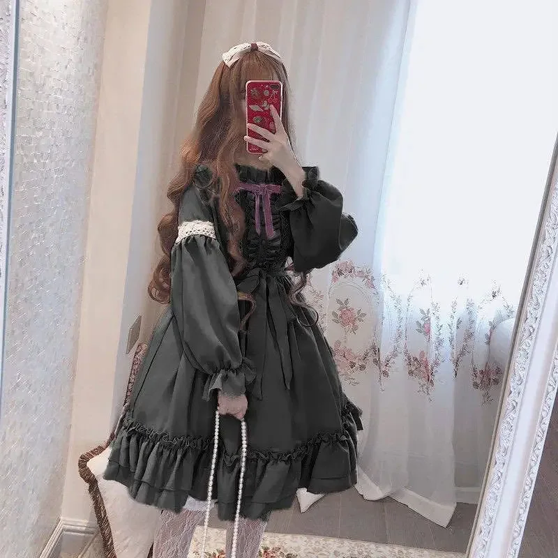 Original Lolita Gothic Retro Skirt Sweet and Cute Kawaii Loli Dress Provence New Op Long-sleeved Dress Black Dress