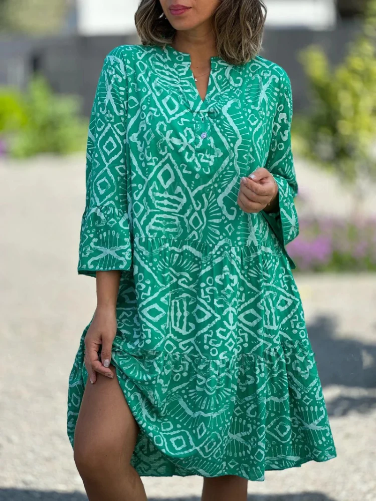 الصيف أزياء المرأة الجديدة الأنيقة المطبوعة كعكة تنورة الخامس الرقبة مزاجه عارضة فضفاض منتصف طول المرقعة قميص تنورة