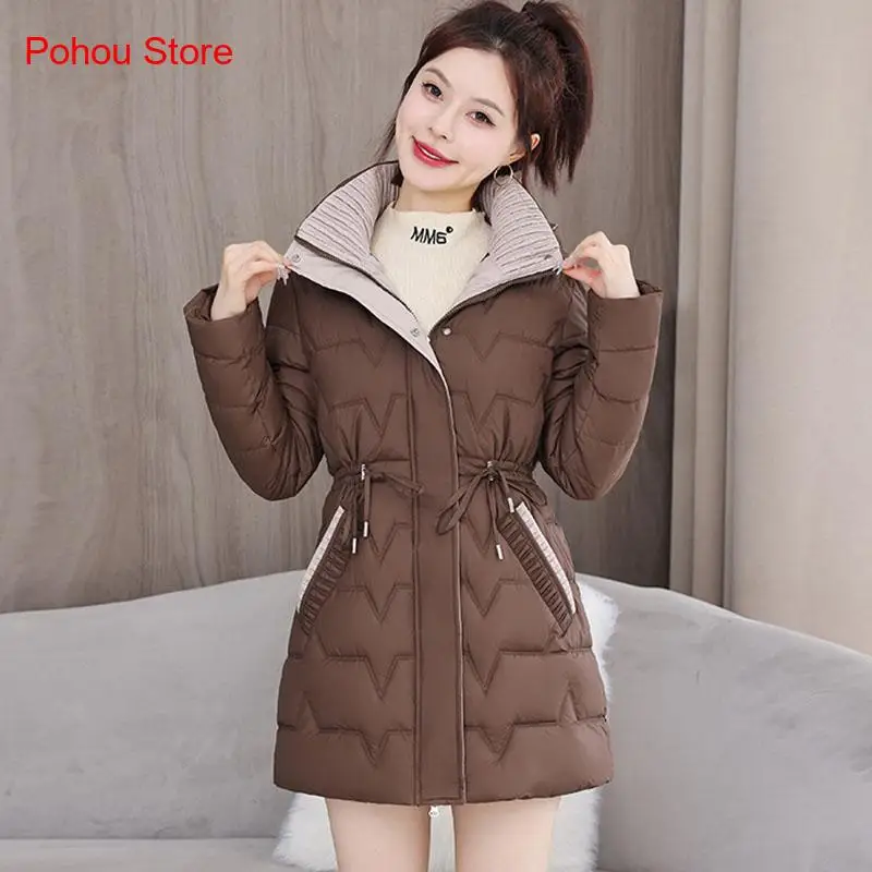 Winter and Spring Pure Color Simple Medium Long Style Slim Fit Thick Hooded Waist Cinching Jacket Cotton Jacket Women