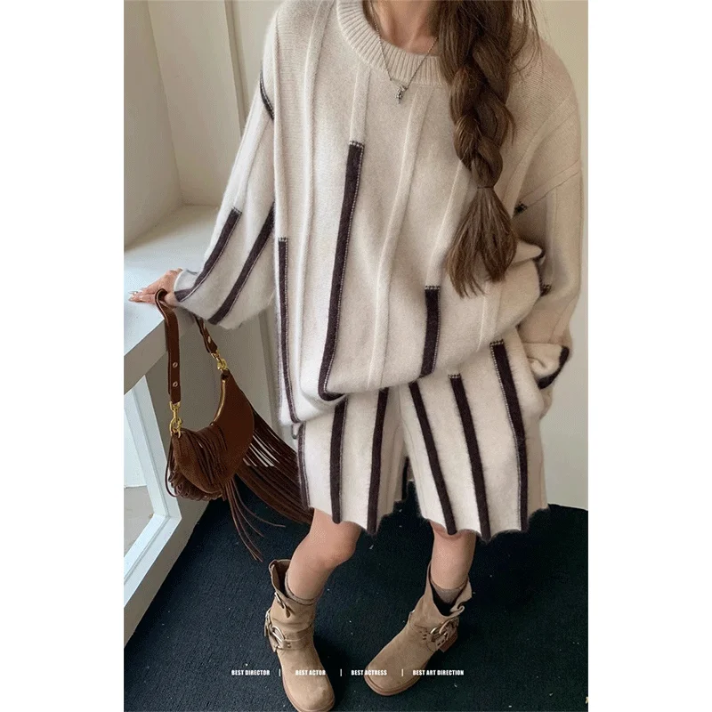 Korejpaa Retro Fashion Casual Sets Women Autumn Winter Color Contrast Striped Long Sleeve Knitted Sweater+shorts Two Piece Set