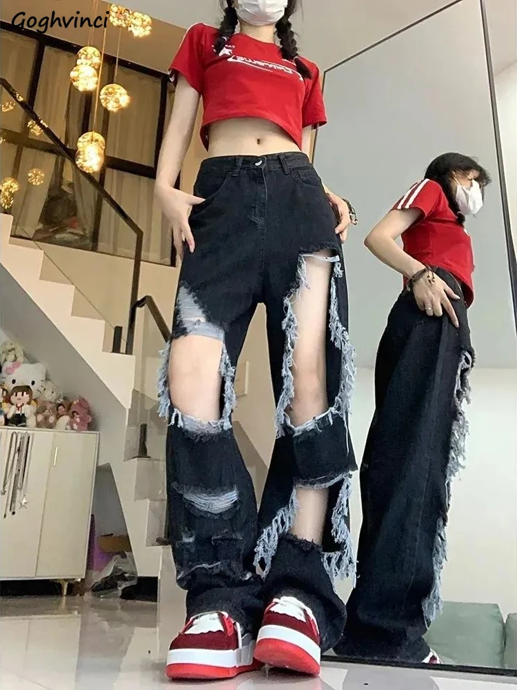 

Ripped Jeans Women Chic Empire Loose Fringed Streetwear Floor Length Minority Personality Female Ulzzang Y2k Black Autumn Winter