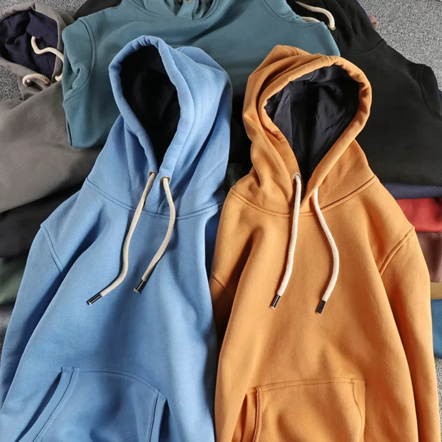 Retro trend pure color base plus fleece men's hooded hoodie autumn and winter casual all-in-one pullover top