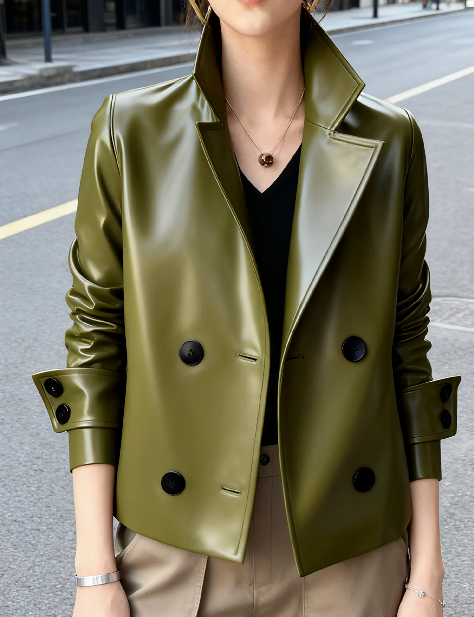 Vestes d'automne et d'hiver en Faux cuir pour femmes, nouvelles manteaux de fête à manches longues en cuir PU, courts, vert frais, tendance, pour dames urbaines, 2025