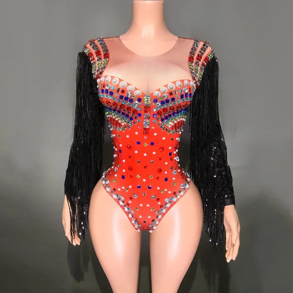 

Sexy Performance Dance Costume Nightclub Singer Dancer Stage Wear Sparkly Rhinestones Black Sequin Fringes Sleeve Bodysuit