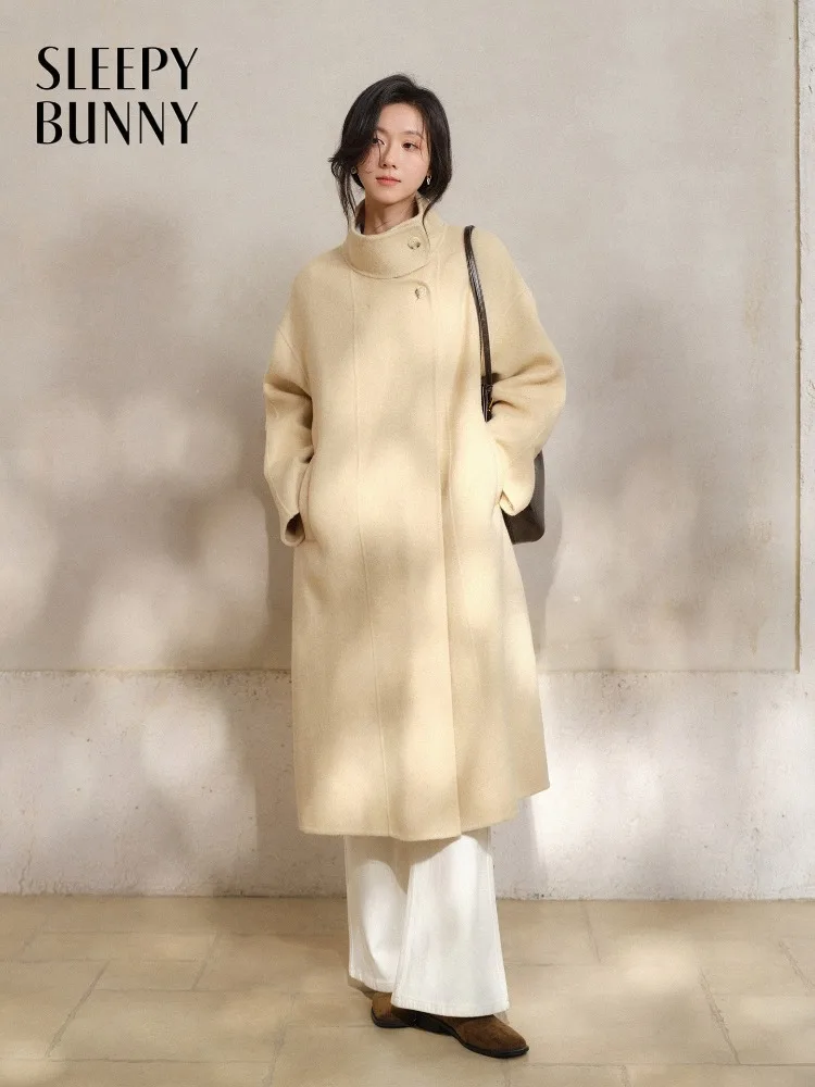 

Lady Winter Long Coat Double-Faced Wool-like Overcoat Loose High-Neck Warm Belted Outerwear for Women Office and Casual Wear