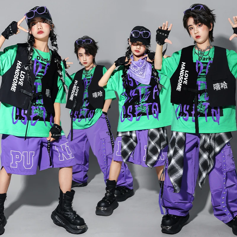 Camiseta K-pop para niños, chaleco, pantalones Cargo, pantalones cortos de Hip Hop para niñas, disfraz, ropa de calle para niños, conjuntos de ropa de baile callejero de Jazz para niños