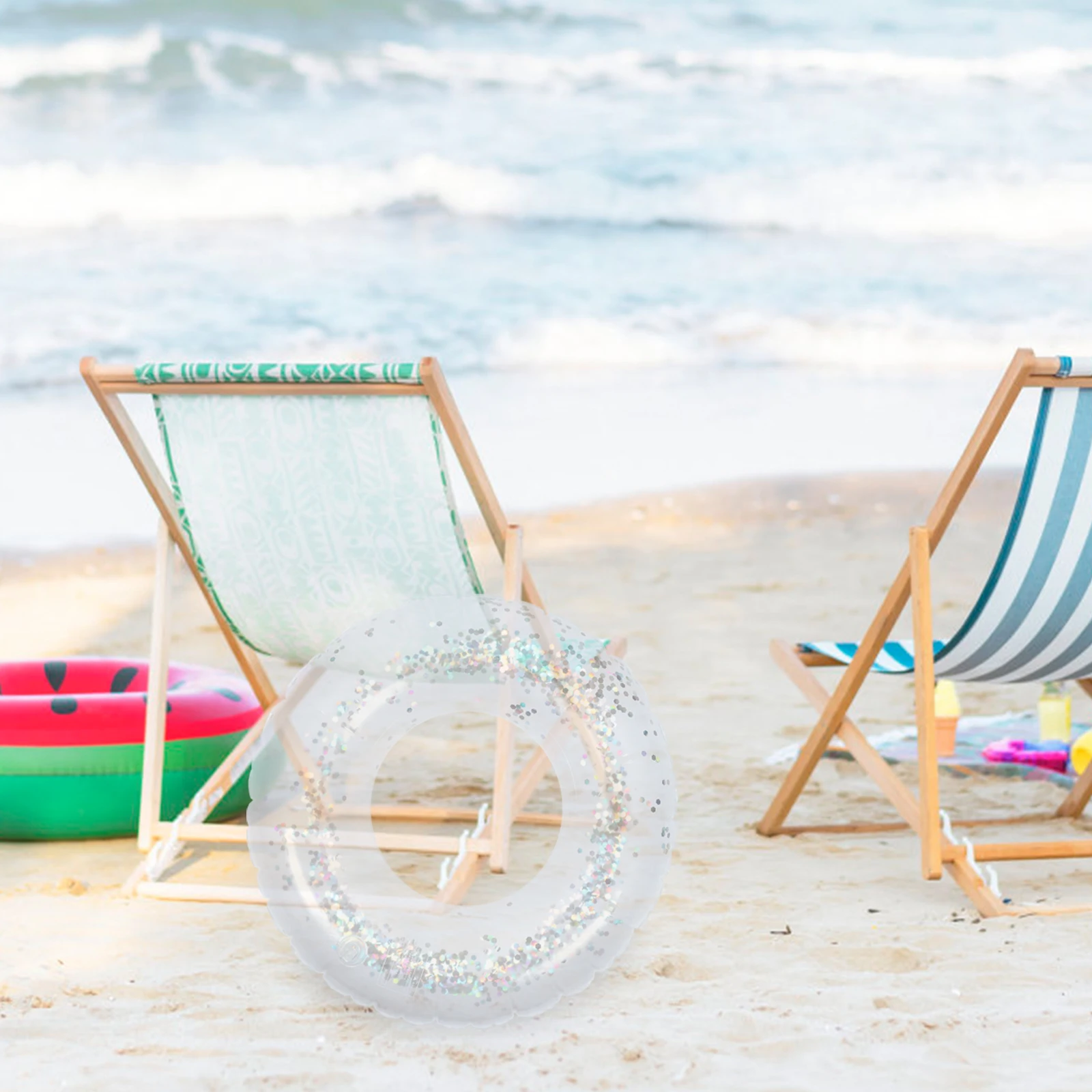

Colorful 90Cm Pvc Inflatable Swimming Ring Sequins Pool Accessory Transparent Wear Resistant Reflective Light Adult Safe
