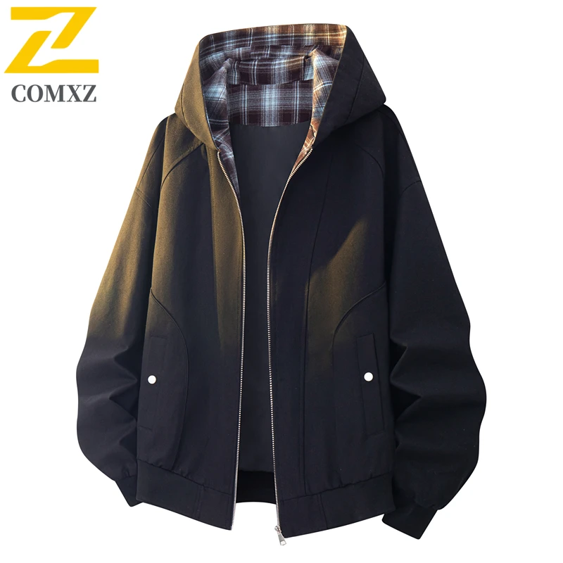 

COMXZ Color Blocked Jacket Men 2025 New Fashion Versatile Loose Breathable Hooded Coat Outdoor Leisure Sports Zipper Windbreaker