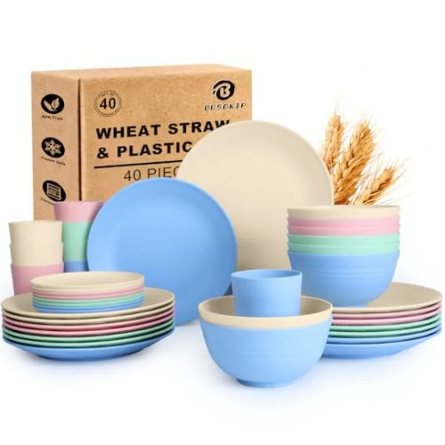 

Набор посуды из пшеничной соломы на 40 предметов для 8 персон: небьющиеся тарелки, миски, чашки для напитков
