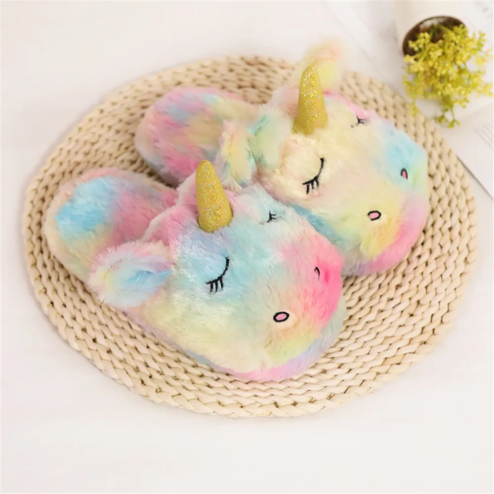 Women\'s Kawaii Rainbow Unicorn Slippers Winter Lovely Cute Slip On Plush Comfortable Home Shoes Cotton Slippers