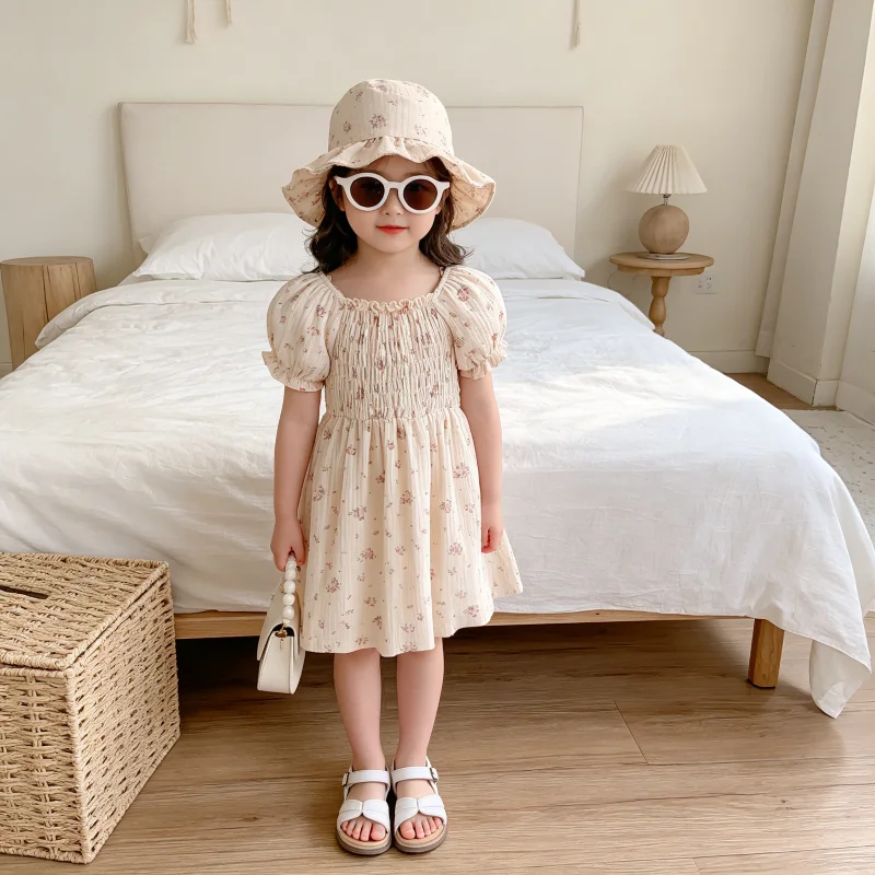 Summer Girls Dress Flower Short Sleeve Dress+ Hat Baby Girls Party Princess 2Pcs Dress