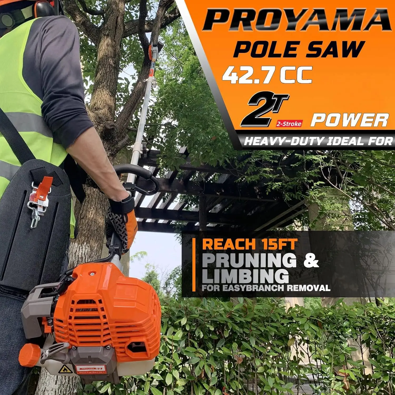 Motosserra de pólo ajustável de cabeça de 90-180 graus 42,7cc para aparar árvores com barra de corte de 12 polegadas e corrente de extensão de 38 polegadas para um 15