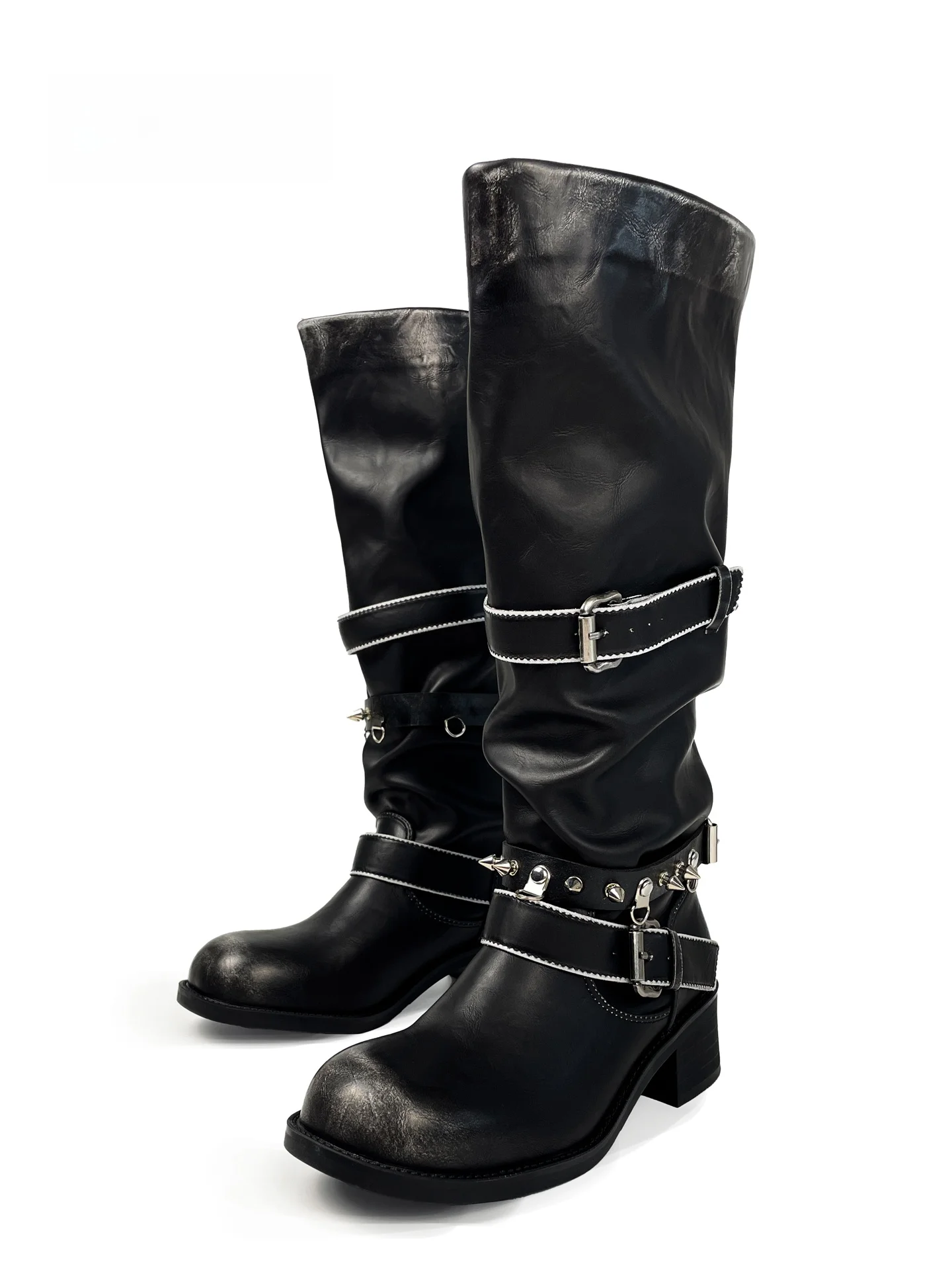 

Mib'Vias Original Long Tube Fashion Boots Women's Belt Buckle Pleated Color Rubbing Thick Heel Retro Cool Stack Boots