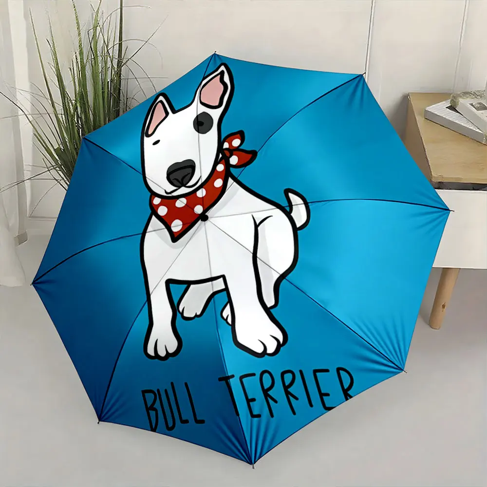 Bull Terrier Cartoon with Red Polka Dot Scarf Design Compact Fashion Folding Umbrella for Daily Use, Christmas Gift