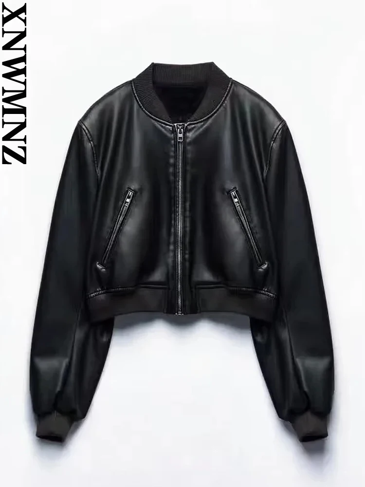 

XNWMNZ 2023 Women Fashion Faux Leather Bomber Jacket High Street O Neck Long Sleeve Zipper Coat Female Chic Outerwear