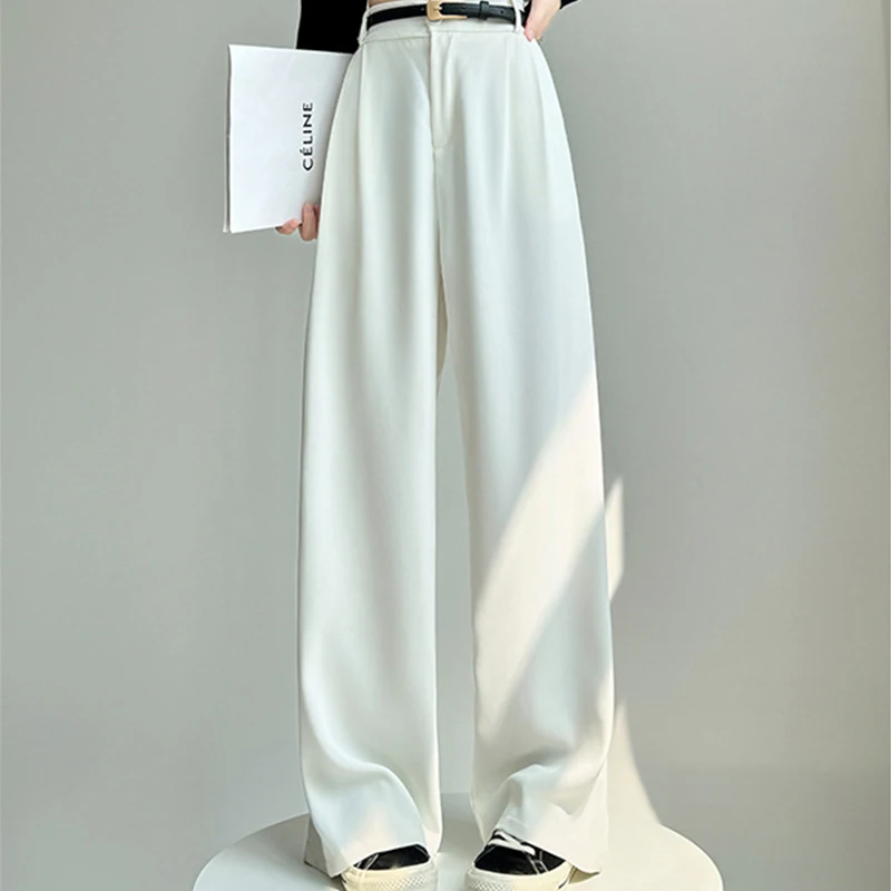 レディースカジュアル無地ストレートパンツ 秋冬 ハイウエストボタンスーツパンツ ゆったりワイドレッグパンツ