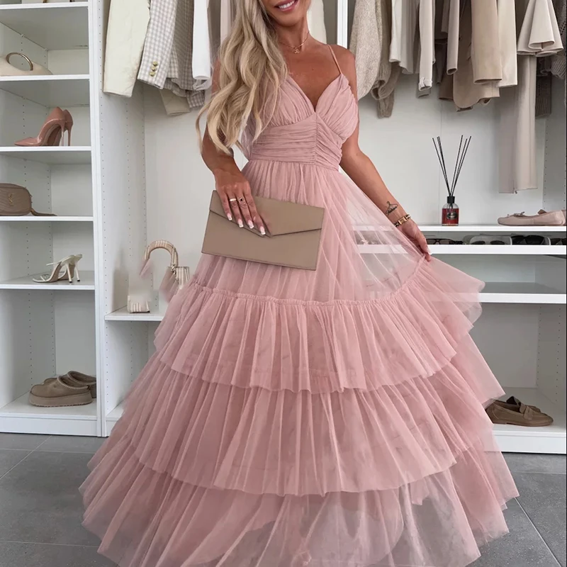 2025 칵테일 V 칼라 솔리드 파티 드레스 섹시한 스윙 높은 허리 파티 드레스 여성 우아한 메쉬 연회 프릴 갈라 드레스