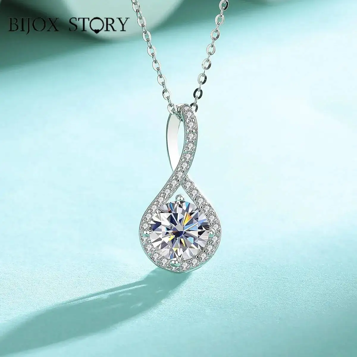 BIJOX STORY S925 Sterling Silver 2ct Moissanite Water Drop Pendant Necklace for Women Fashionable Versatile Collarbone Chain