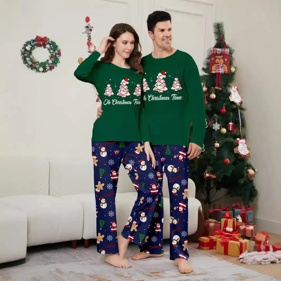 Green Christmas Tree parent-child pajama set family of three or four Christmas set series snowman printed home wear