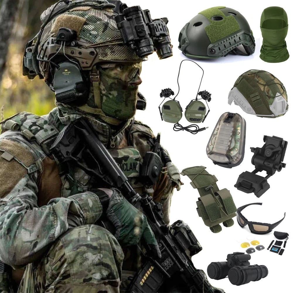 

Tactical Airsoft Fast Helmet Set with Binocular NVG Model Headphones Signal Light Goggles For CS Paintball War Games Hunting