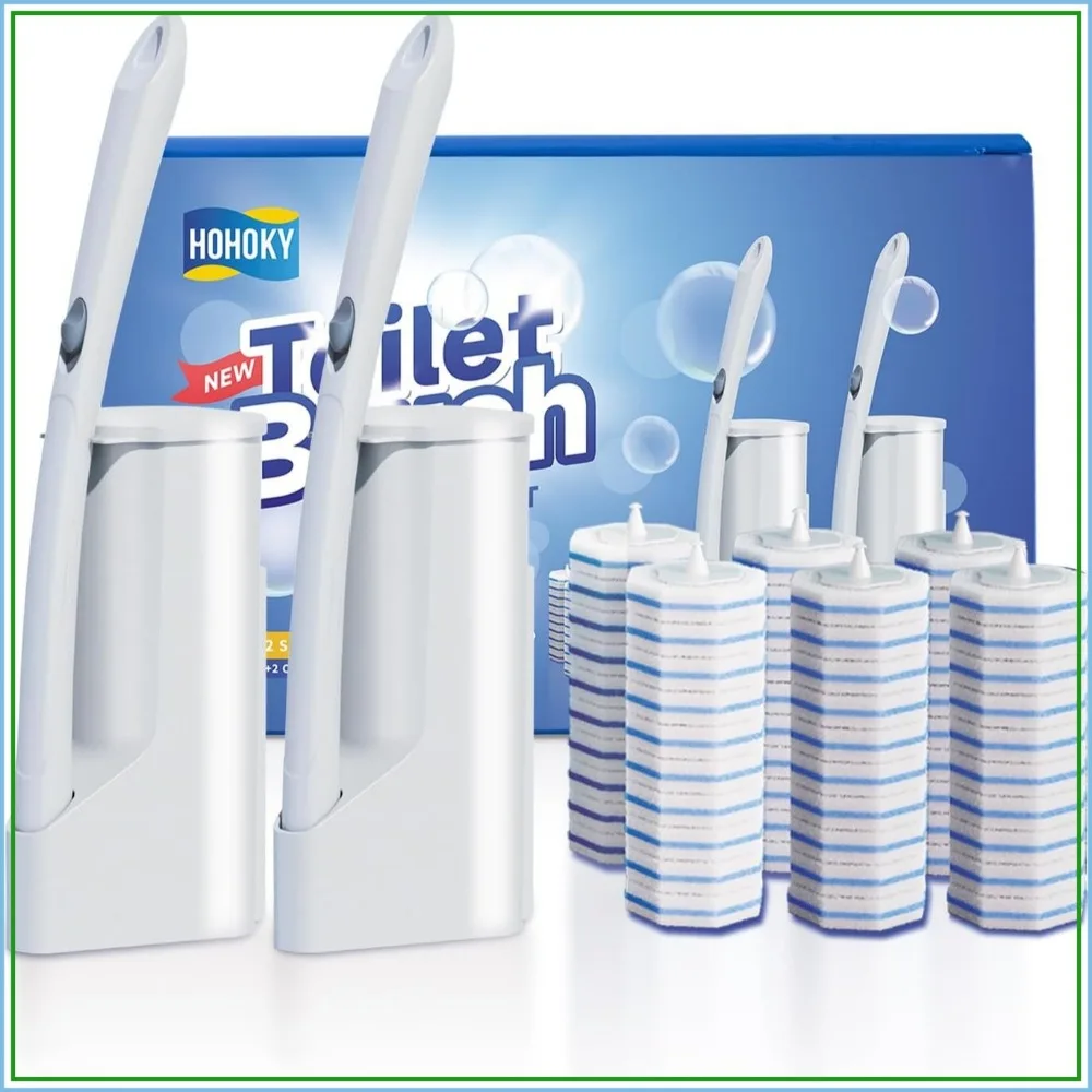 Disposable Toilet Brush Cleaning System with 60 Refills, Wall Mounted Holder, Extended Handle, Self-Cleaning Sponge Heads