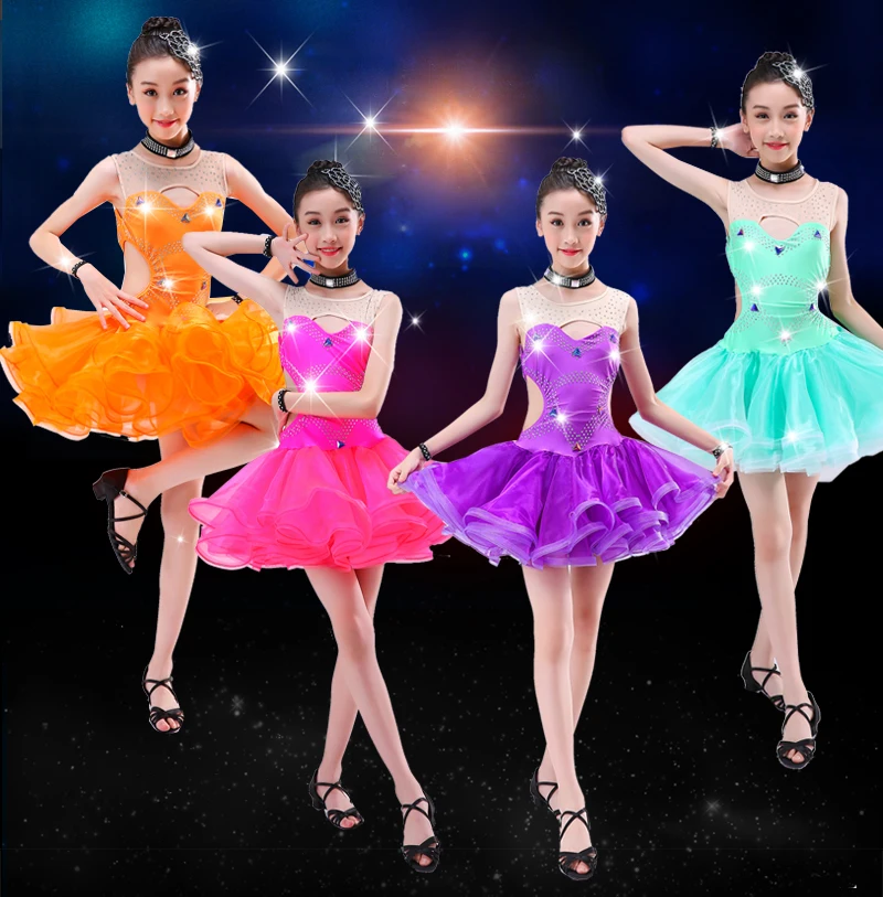 New Autumn Girls Latin Dance Dress Bright Diamond Professional Competition Skirt Set Preschool Performance Dress Training Dress