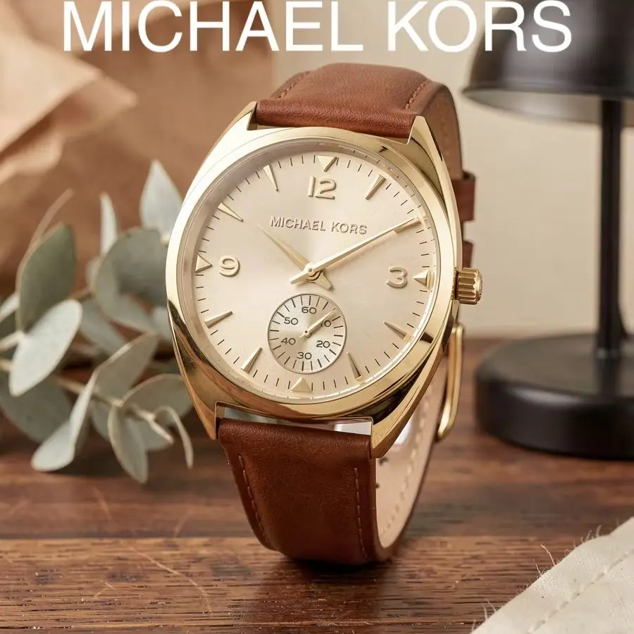 Michael Kors Champagne-Colored Dial Small Seconds Watch, Gold Case, Brown Leather Strap, Vintage Light Luxury Business Casual Unisex Watch, Gift Watch