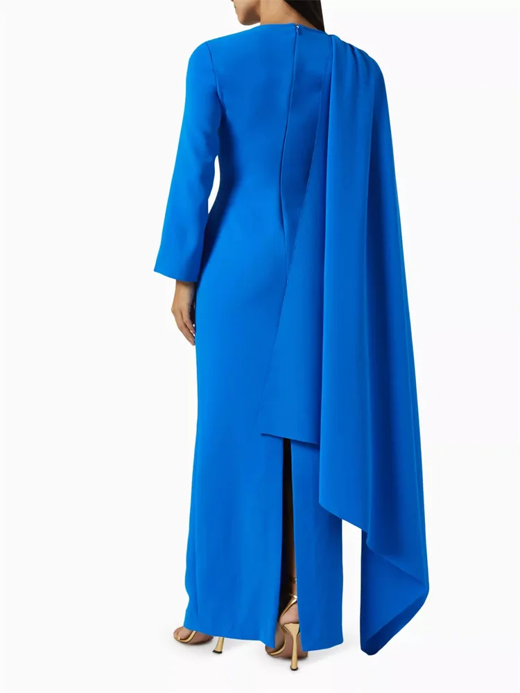 Robe de soirée droite en satin pour femme, cape personnalisée, manches longues, fermeture à glissière au dos, longueur au sol