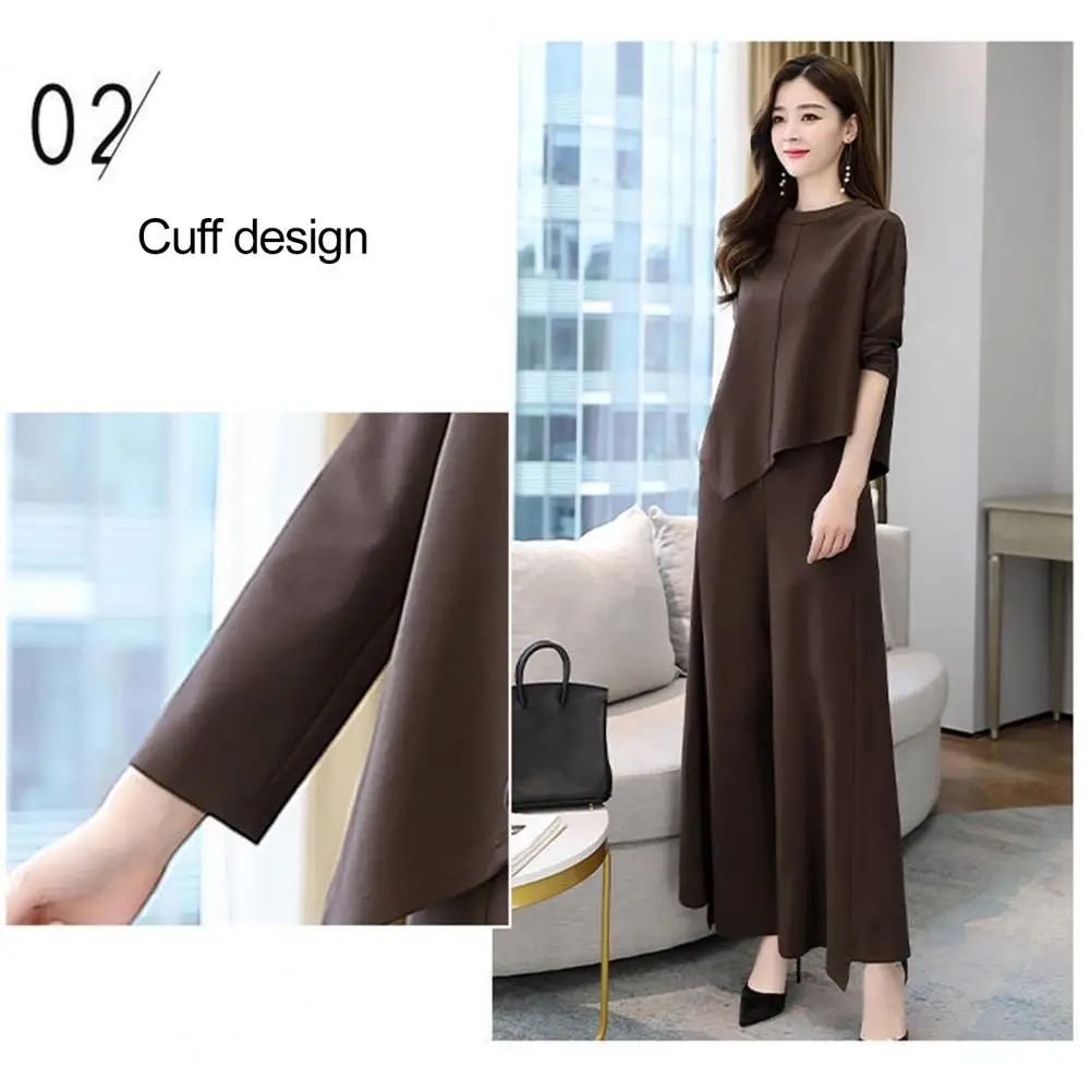 Women Plus Size Set Commute Top Trousers Set with Irregular Hem Blouse Wide Leg Culottes 2 Pcs/set Round for Women