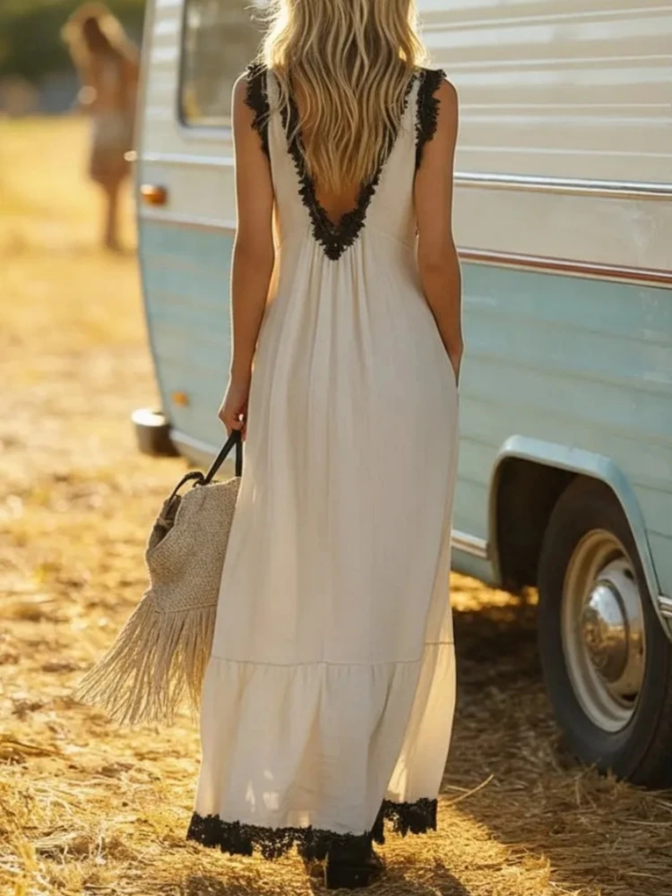 

Women's Chic A-Line Maxi Dress Lace Splice Ruffle Trim Sleeveless Backless V-Neck Loose Fit with Pocket Casual Summer Beach