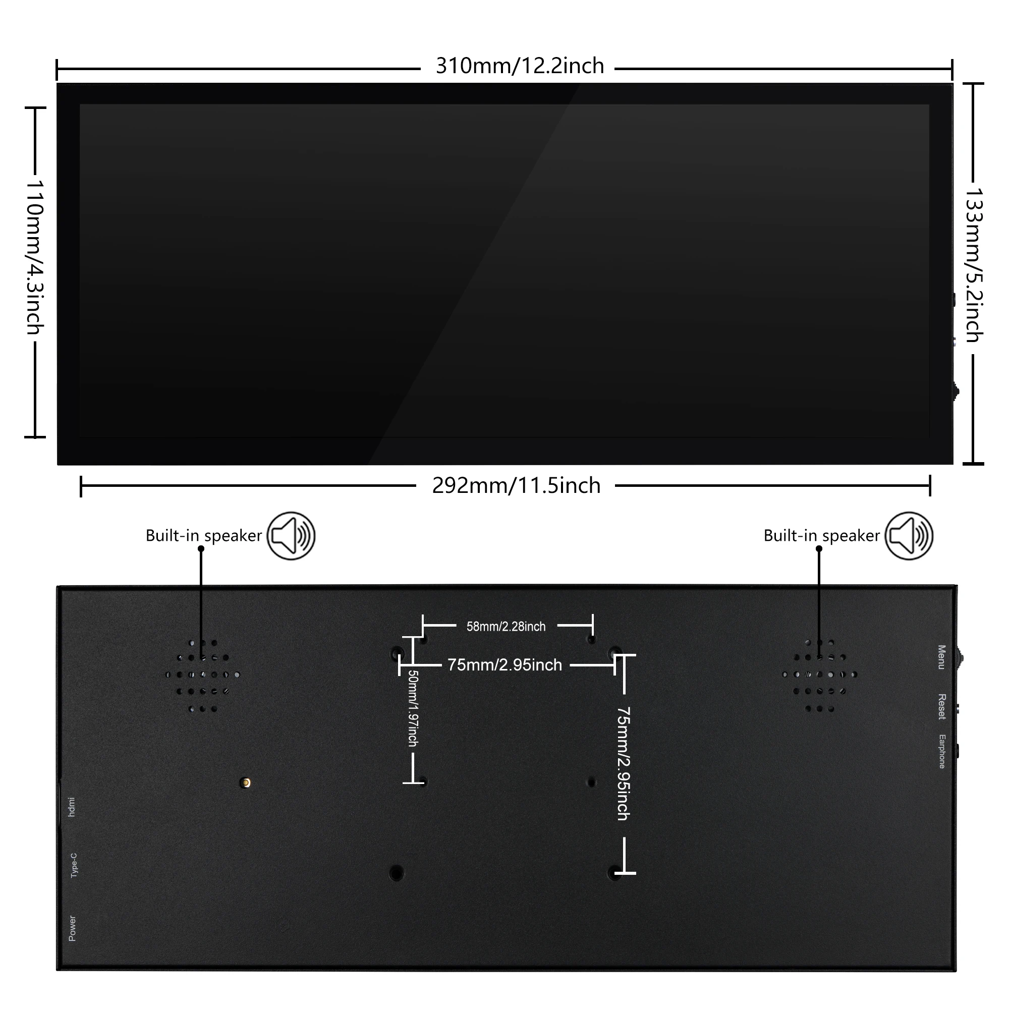 Wisecoco 12.3 inch Touch Screen Monitorfor 1920x720 60Hz HDMI USB-C Type-C VESA 75*75mm For Laptop PC Computer Raspberry Pi