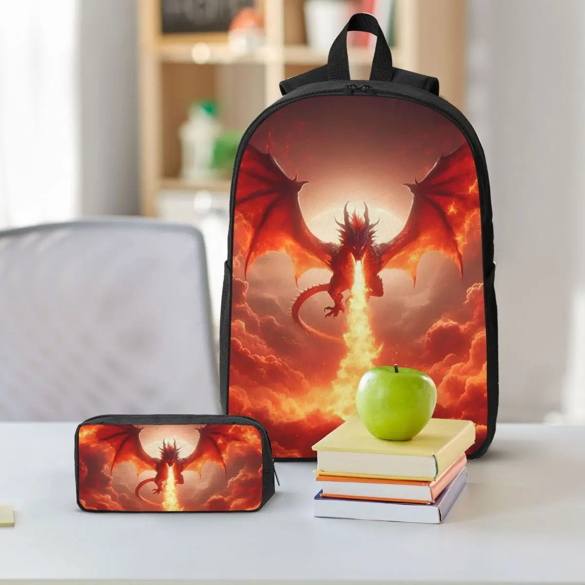 Dragon In The Fire Backpack Student BookBag School Bag Shoulder Bags 3ps Insulated Lunch Bag Pencil Case
