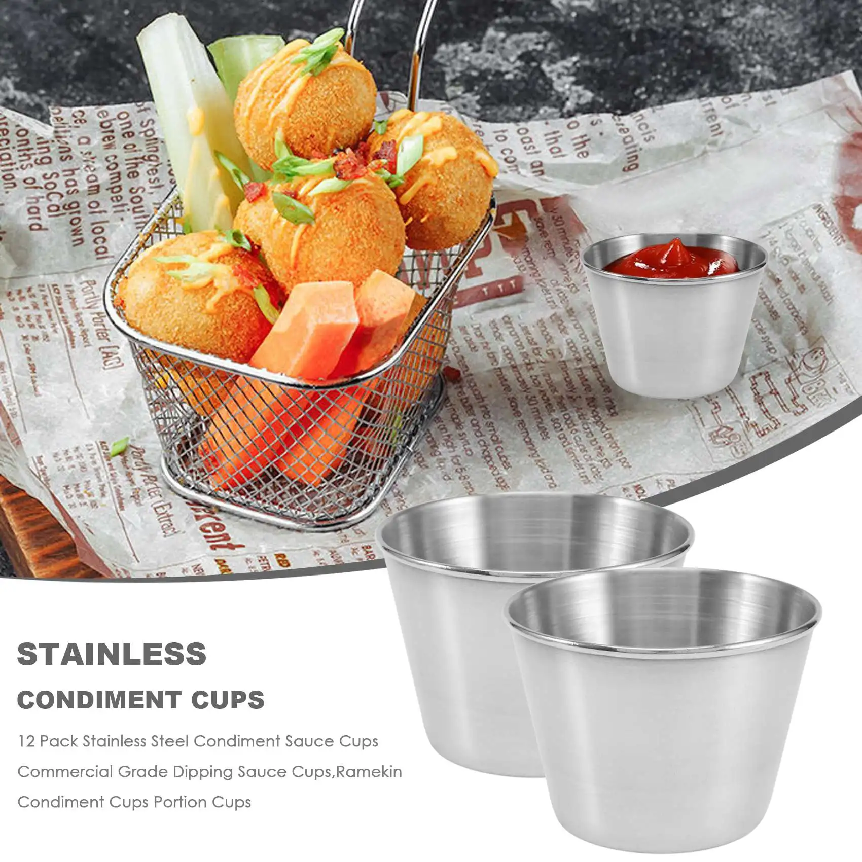Paquete de 12 tazas para salsa de condimentos de acero inoxidable, tazas para salsa de inmersión de grado comercial, tazas para condimentos Ramekin, tazas para porciones