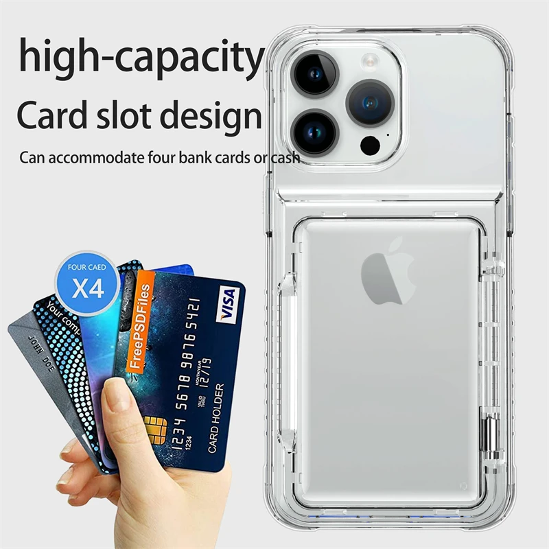 

Transparent Card Slot Bag Holder Phone Case For iPhone 15 14 16 Plus 13 12 Pro Max Clear Wallet Silicone Shockproof Back Cover