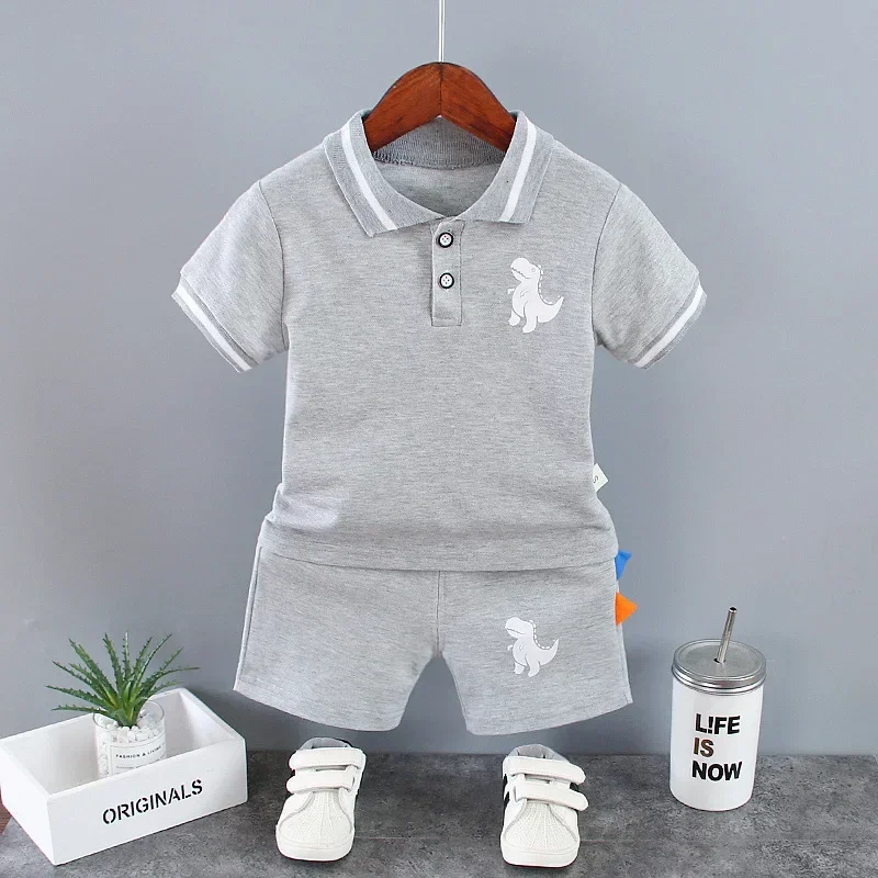 

T-shirts Tops and Shorts 2PCS Infant Clothing Sets New Summer Outfits Baby Boys 9 To 12 Months Dinosaur Printed Turn-down Collar