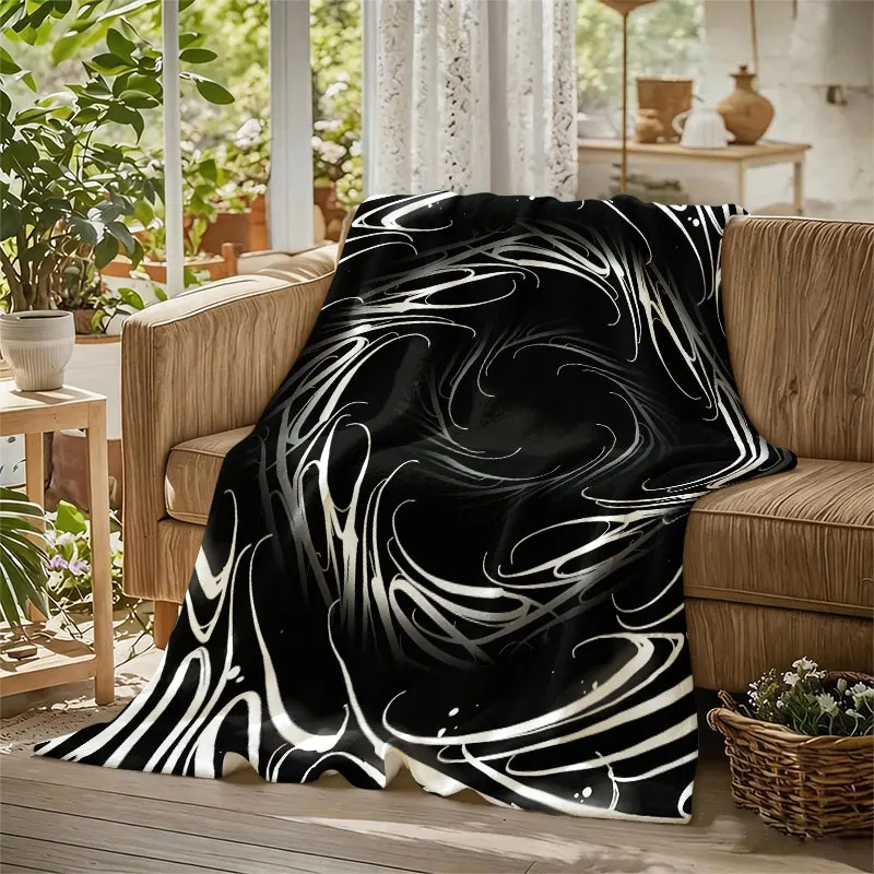 Black White Vortex Flannel Blanket Perfect for Sofa Office Bed Travel Sleep Read Relax Camping Four Season Use