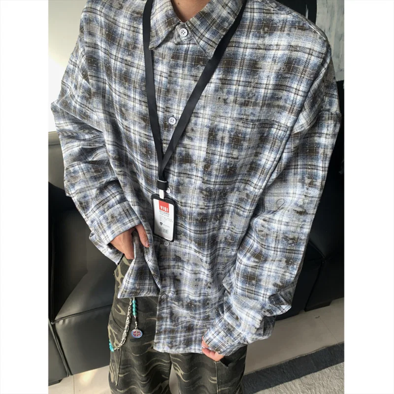 

Tie Dye Long Sleeved Shirt Men Retro Plaid Shirt Men Japanese Streetwear Loose Casual Shirts Mens Fashion Shirts Large Size 5XL